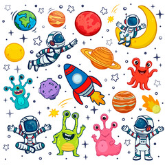  set of cosmos in doodle style: astronaut, planets, stars, rocket and alien, monster for design. Science space exploration.