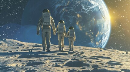 A digital illustration of a joyful family wearing space suits, walking hand in hand on the moon's surface The Earth is visible in the background, with the moon's craters and dust creating a sur - obrazy, fototapety, plakaty