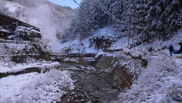Beautiful Yokoyu river snow monkey park located in Yamanouchi