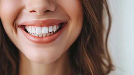 Obraz premium Cropped shot of a young Caucasian smiling woman. Teeth whitening. Dentistry, dental treatment.