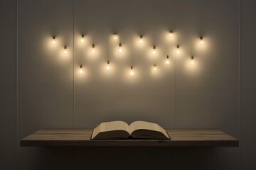 A minimalist artistic rendering of a small open book on a plain desk, numerous tiny lightbulbs...
