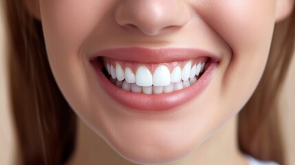 Cropped shot of a young Caucasian smiling woman. Teeth whitening. Dentistry, dental treatment.