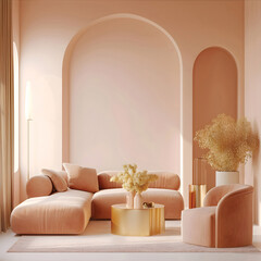 Peachy Serenity: A Minimalist Living Room Embraces Tranquility with Plush Suede, Golden Accents, and Warm Peach Fuzz Walls.