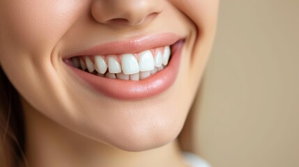 Obraz premium Cropped shot of a young Caucasian smiling woman. Teeth whitening. Dentistry, dental treatment.