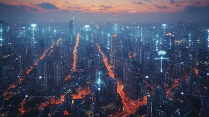 Obraz premium Digital Networks Unveiled: Wireless Connectivity and Urban Mapping