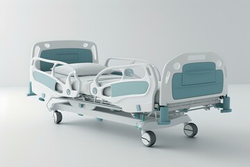 Modern hospital bed with adjustable features on white. clean and simple medical facility equipment. ideal for healthcare settings. AI