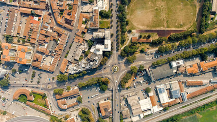 Piacenza, Italy. Piazzale Milano - City square. Historical city center. Summer day, Aerial View