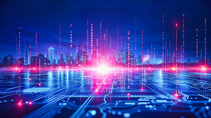 Digital Network and Future City Concept: Abstract Background with Blue Lights and Urban Skyline, Ideal for Technology Themes