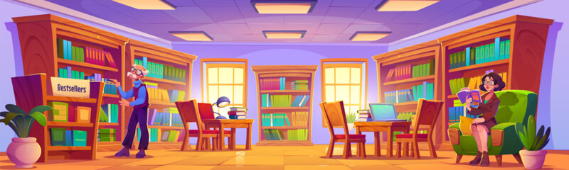 People reading books in library. Vector cartoon illustration of senior man near bookshelf, smart woman sitting in armchair at bookstore, wooden bookcases with literature bestsellers, laptop on table