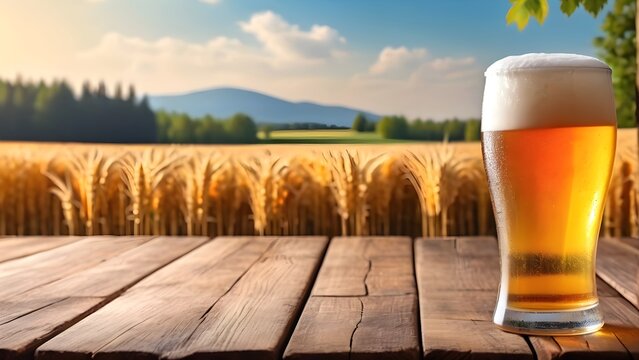 beer glass on a wooden background with blurred malt fields background. sunset