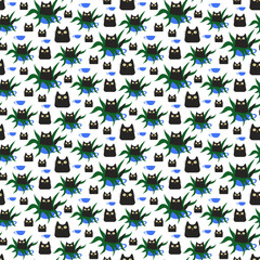 Fototapeta na wymiar seamless pattern with black cats. Cute black cat sitting in a pot with a houseplant. Simple vector illustration for card design and for children. Pets concept, love and family concept. Isolated vector