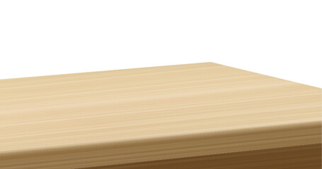 Light brown 3d table top with wooden texture surface isolated on white background. Angle view on desk made from wood. Realistic furniture element turned with corner tabletop for presentation podium.