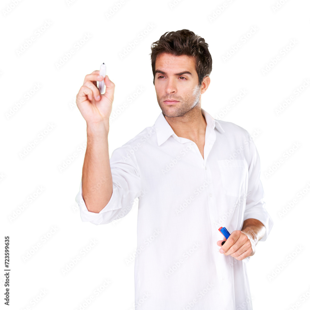 Poster thinking, writing and man with business, brainstorming and employee isolated on a white studio backg