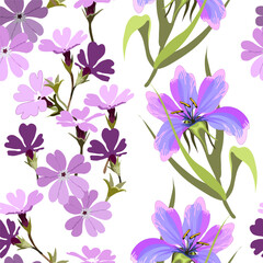 Vector floral seamless pattern decorative flowers on white background for textile design, scarves, hijab. Lilac-violet tone.