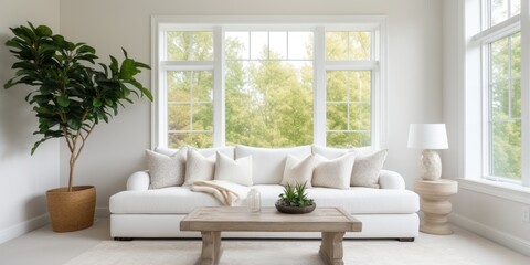 Stylish white home with comfy sofa, armchair, and coffee table by large window