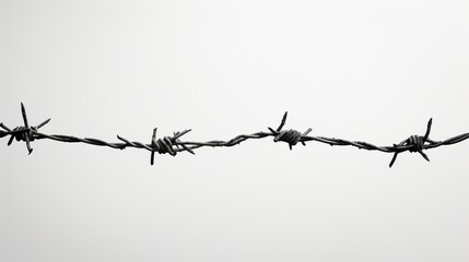 High-contrast black and white photograph of barbed wire against a blank sky.