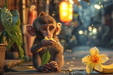adorable monkey sitting on the road and eating a banana - obrazy, fototapety, plakaty