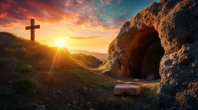 A peaceful sunrise scene outside an empty cave tomb with a solitary Christian cross overlooking a mountainous landscape.