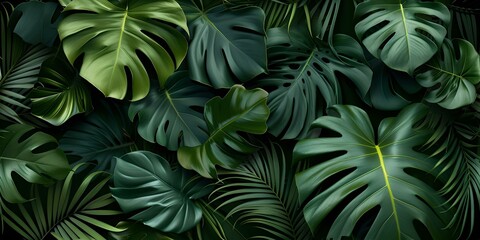 Lush tropical leaves backdrop, perfect for wallpaper or textile design. exotic monstera patterns in dark greens. ideal for relaxing backgrounds or natural themes. AI