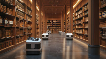 Contemporary library archive illuminated by soft lighting with robotic assistants navigating the aisles.