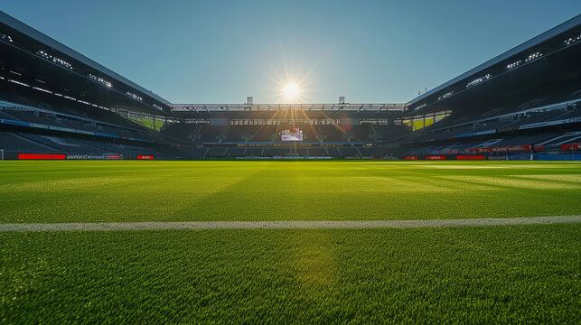 The sun casts a golden glow over an empty football stadium with green turf.