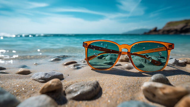 Sunglasses on the beach by the tropical sea on a warm sunny day. Summer vacation concept.