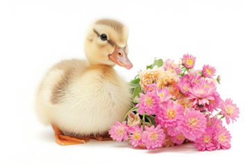 duckling with a beaming smile, joyfully carrying a bouquet of spring flowers, creating an adorable scene on white.