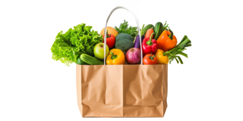 shopping bag filled with fresh groceries neatly laid out on a clean white background