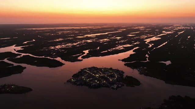 Drone circling the Mexcaltitan Village, dramatic sunny evening in Nayarit, Mexico