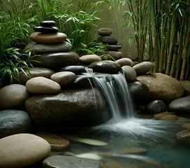 A serene, spa-like setting with elements of tranquility like smooth stones