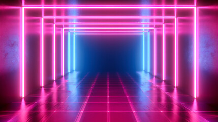 Neon and Futuristic Glowing Lights: Abstract Blue Space in Modern Corridor, Ideal for Club and Technology Themes