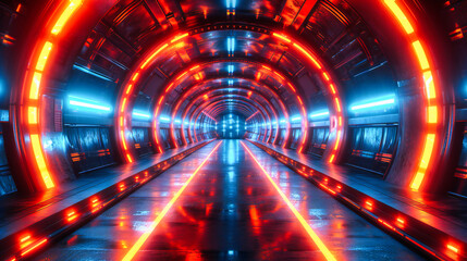 Futuristic Tunnel and Modern Space: Neon Lights and Blue Corridor, Ideal for Technology and Sci-Fi Backgrounds