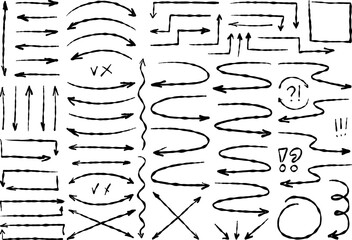 Fototapeta premium Arrow vector hand drawn set. Line sketch curved icon. Pencil scribble cartoon element on white. Brush marker with check mark and circle crayon chalk.