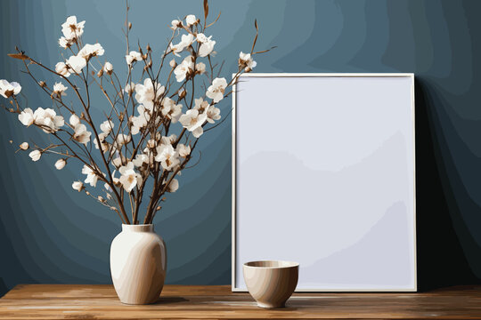 Frame mockup on wooden table in living room interior. Poster mockup. Clean, modern, minimal frame. Empty frame Indoor interior, show text or product