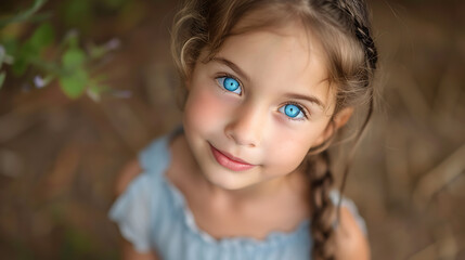 This captivating portrait features a young girl with adorable braids and mesmerizing bright blue eyes. Her playful expression and youthful energy shine through, making this image perfect for
