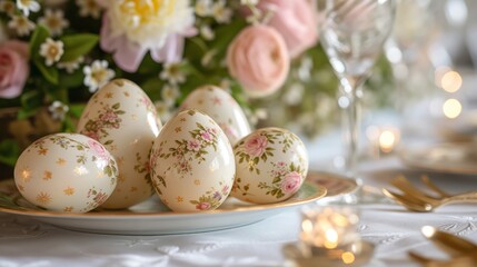 An elegant Easter brunch table setting with delicate floral painted eggs and greenery