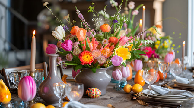 Easter eggs and flowers on the table blurred Easter background 