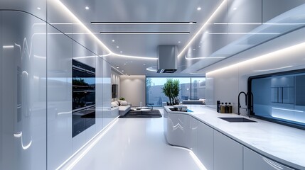 A sleek futuristic kitchen with integrated smart appliances in a modern home