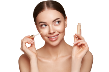 Portrait beautiful young woman with clean fresh skin. Model with foundation makeup bottle. Cosmetology, beauty and spa