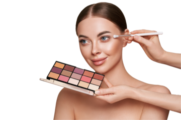 Makeup Artist applies Eye Shadow. Beautiful Woman Face. Perfect Makeup. Make-up detail. Beauty Girl with Perfect Skin. Nails and Manicure. Eye Shadow Palette