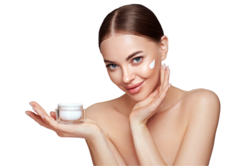 Beauty woman applying cream on her face. Young woman with clean fresh skin. Model with a jar of face cream