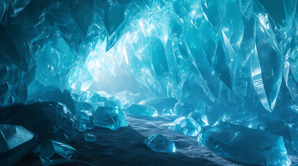 Step into a mesmerizing world of ice and enchantment with this stunning 3D abstract render. Discover the ethereal beauty of an ice cave adorned with radiant, glowing crystals, casting an oth
