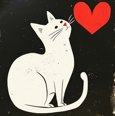 Generative AI image of a white cat with a red heart, in the style of minimalist cartooning