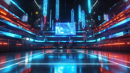 Foto op Canvas An immersive glimpse into the future of sports, this stunning 3D render depicts a futuristic sports arena adorned with mesmerizing holographic displays. A perfect blend of technology and ath © Nijat
