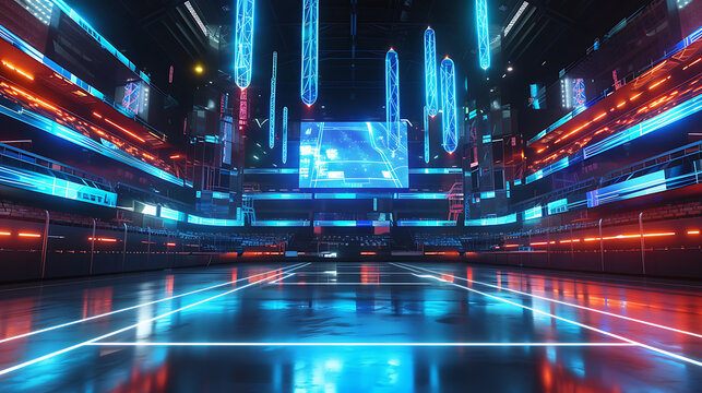 An immersive glimpse into the future of sports, this stunning 3D render depicts a futuristic sports arena adorned with mesmerizing holographic displays. A perfect blend of technology and ath
