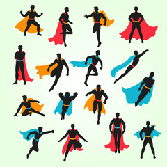 Fototapeta na wymiar set black superhero silhouettes