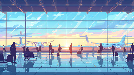 A lively airport terminal buzzing with excitement as travelers embark on their journeys. Large windows offer breathtaking views of airplanes taking off and landing. Cartoon-style illustratio