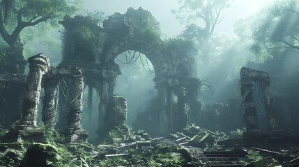 Explore an awe-inspiring ancient ruin brought to life with futuristic enhancements. Immerse yourself in the harmonious blend of history and technology in this stunning 3D rendered scene. - obrazy, fototapety, plakaty