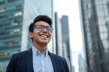 A young Hispanic businessman stands in an urban setting and thinks of business opportunities