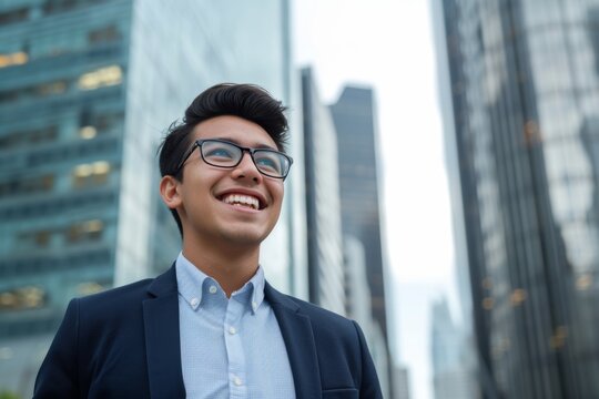 A young Hispanic businessman stands in an urban setting and thinks of business opportunities
